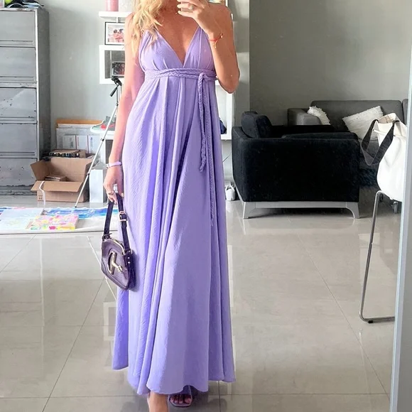 chinese dress ladies Greek Style Linen Blend Draped Braids Kimono Cover Up Slit Maxi Dress –  lilipretty main image 0